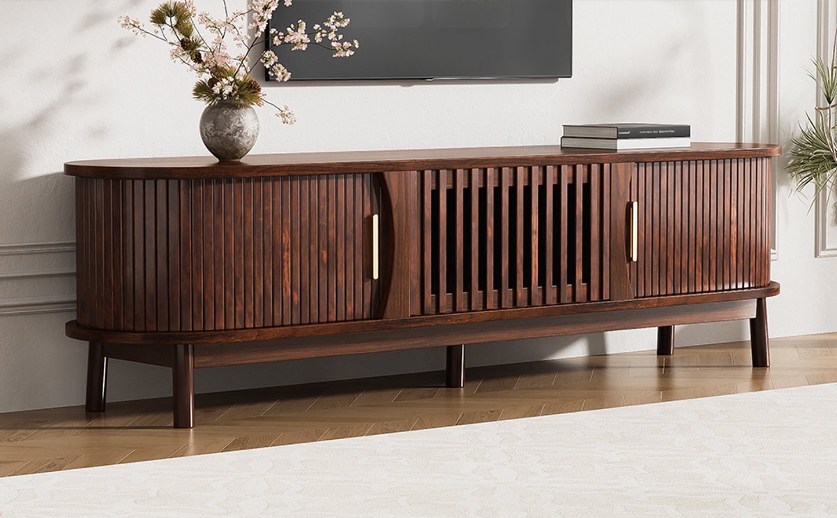 REDOM TV-meubel 165 x 39,5 x 46 cm van MDF, bruin retro met schuifdeuren en neerklapbare deur