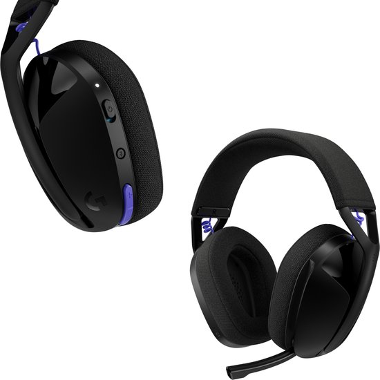 Collage van twee beelden van een zwarte Logitech G gaming headset met paarse accenten.