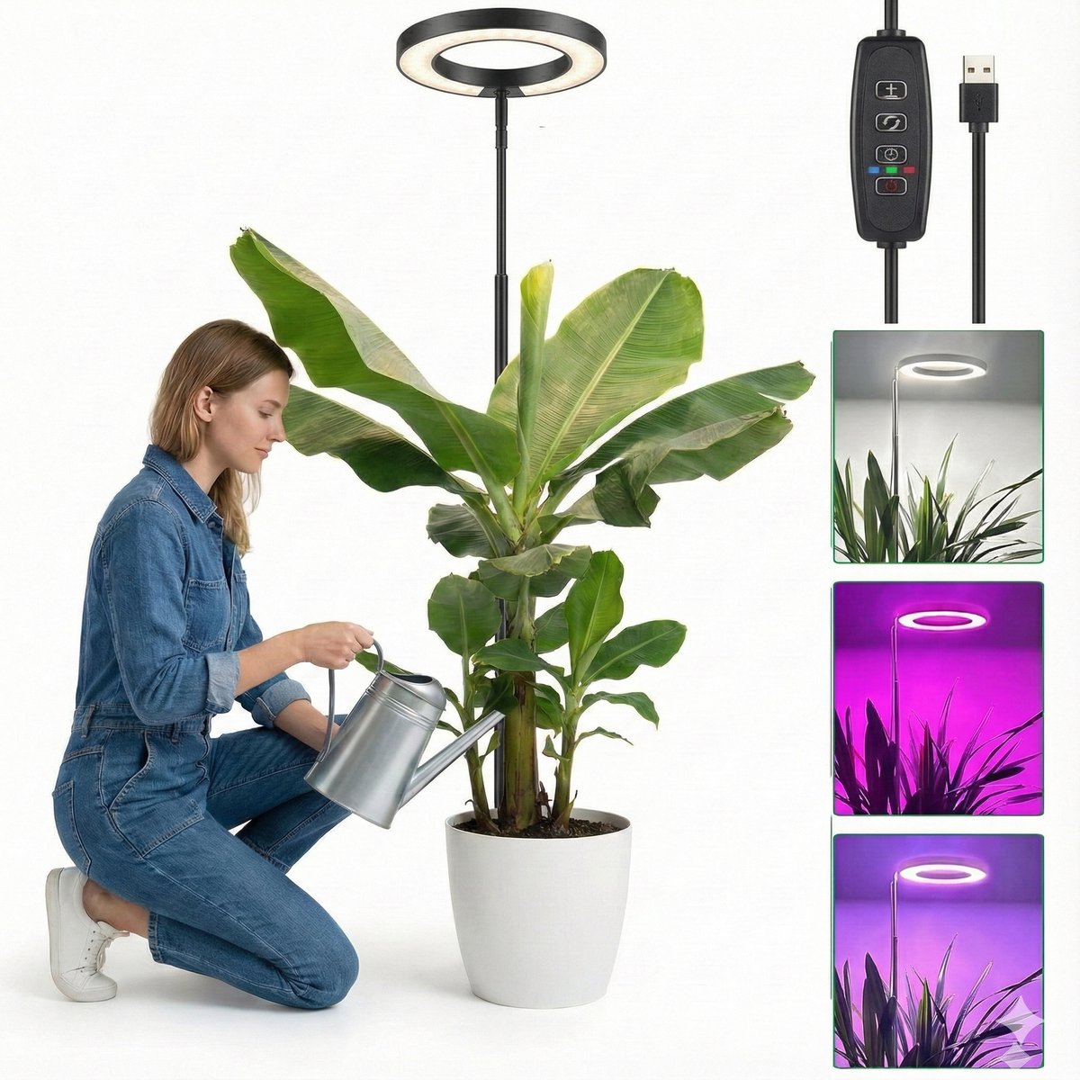 MUPOO Groeilamp Planten Zwart 72 LEDS - Kweeklamp LED Full Spectrum - 16cm Ring - 10-Traps Dimmen - Verstelbaar (35-155cm) - Timer 3/9/12 - Plantenlamp voor Bloemen & Groente