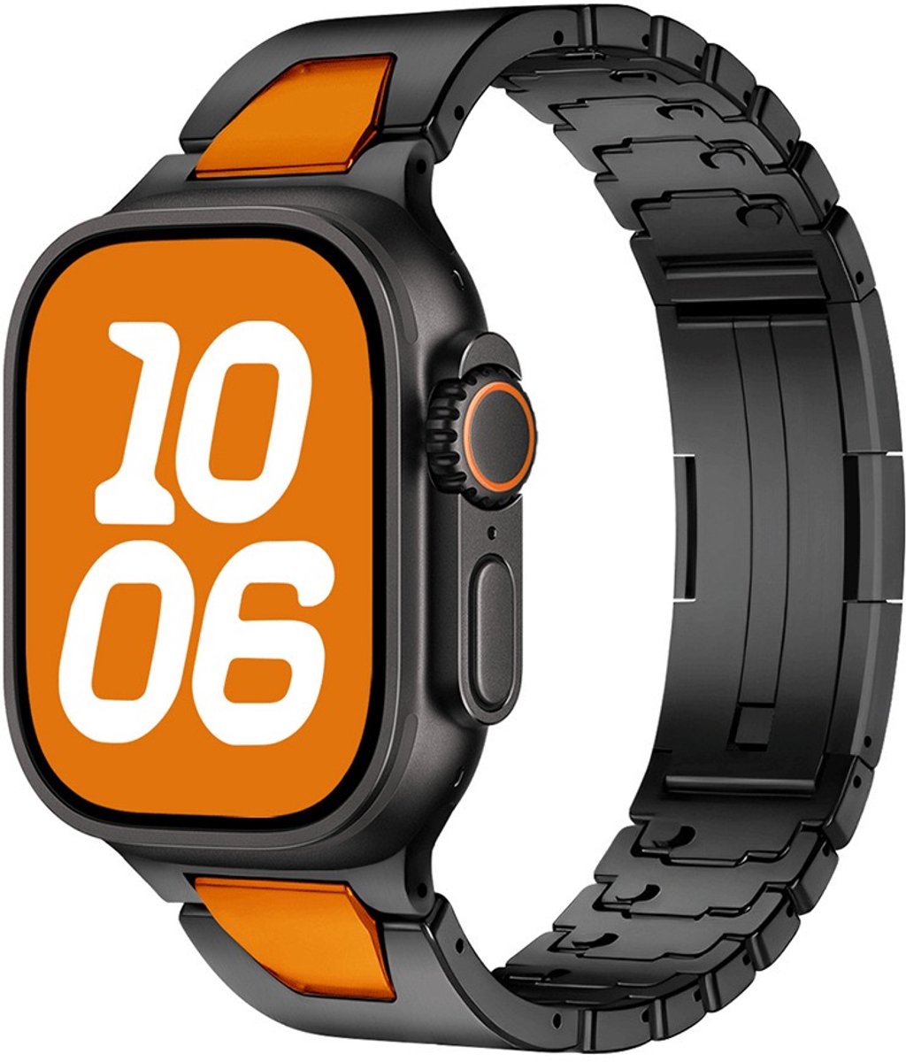 Stravo Titan Glow Metalen Horlogeband voor Apple Watch – 46mm (Series 10/11) / 45mm (Series 7/8/9) / 44mm (Series 4/5/6/SE) / 42mm (alleen Series 1/2/3) / 49mm (Ultra 1/2/3) – Luxe Bandje met Gereedschapsvrije Lengteverstelling – Zwart / Oranje