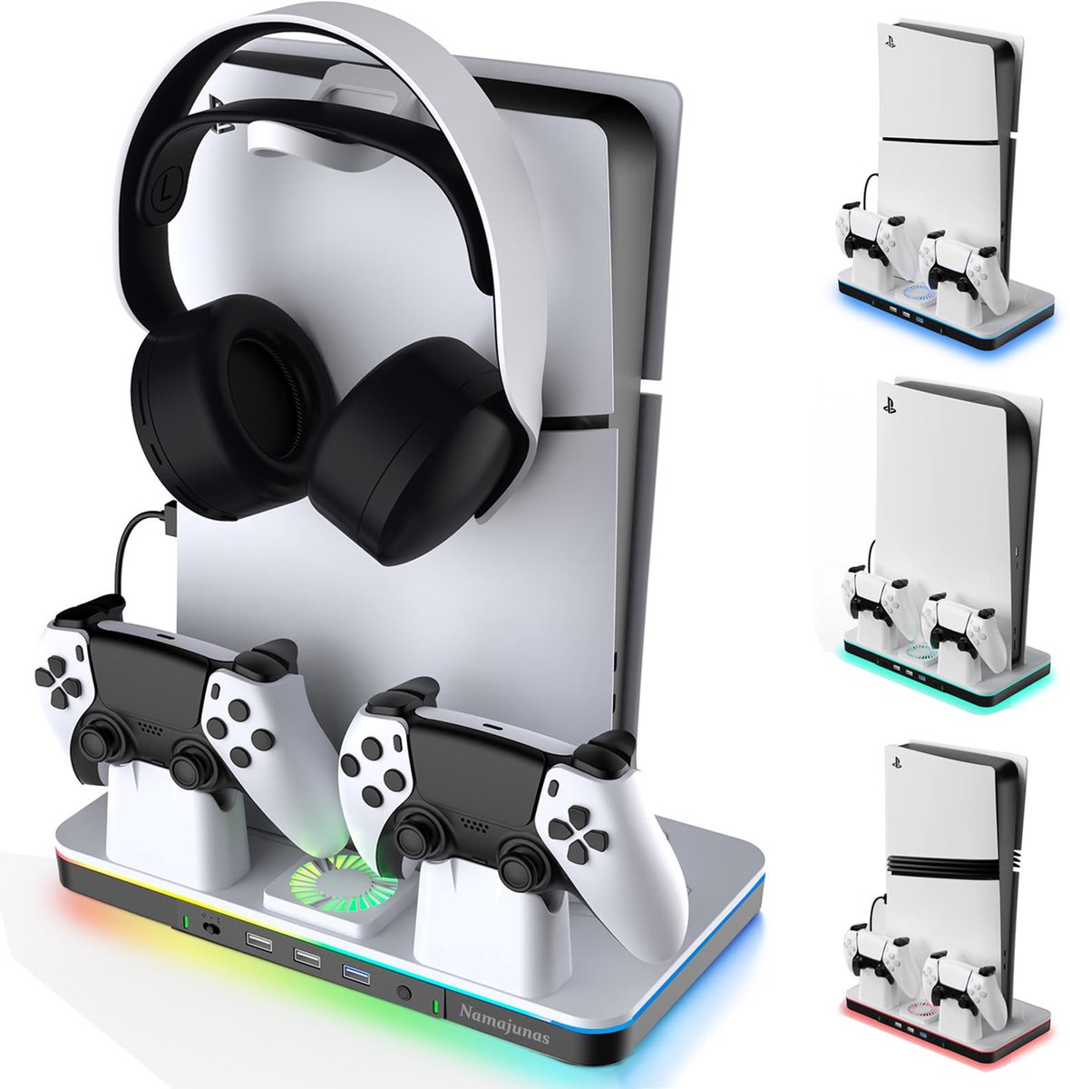Namajunas - Verticale Standaard geschikt voor PlayStation 5/ PS5 Slim/ PS5 Pro - Koelstation geschikt voor PS5 Disc- & Digital-consoles - Controller Oplaadstation - RGB-verlichting, koelventilator - Accessoires - Headset Houder - 3 USB-hub