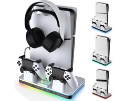 Namajunas - Verticale Standaard geschikt voor PlayStation 5/ PS5 Slim/ PS5 Pro - Koelstation geschikt voor PS5 Disc- & Digital-consoles - Controller Oplaadstation - RGB-verlichting, koelventilator - Accessoires - Headset Houder - 3 USB-hub