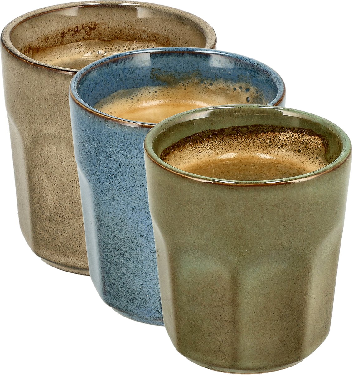 Koffiekopjes Set van 3 – Blauw Groen Beige Glazuur Bekers 200ml Zonder Oor – Keramische Espresso Kopjes en Cappuccino Bekers – Aardewerk Koffiemokken – Voor Koffie, Thee en Horeca