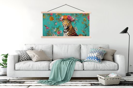 Posterhanger incl. Poster 150x75 cm - Schoolplaat - Luipaard - Bloemen - Kroon - Textielposter - Blanke latten