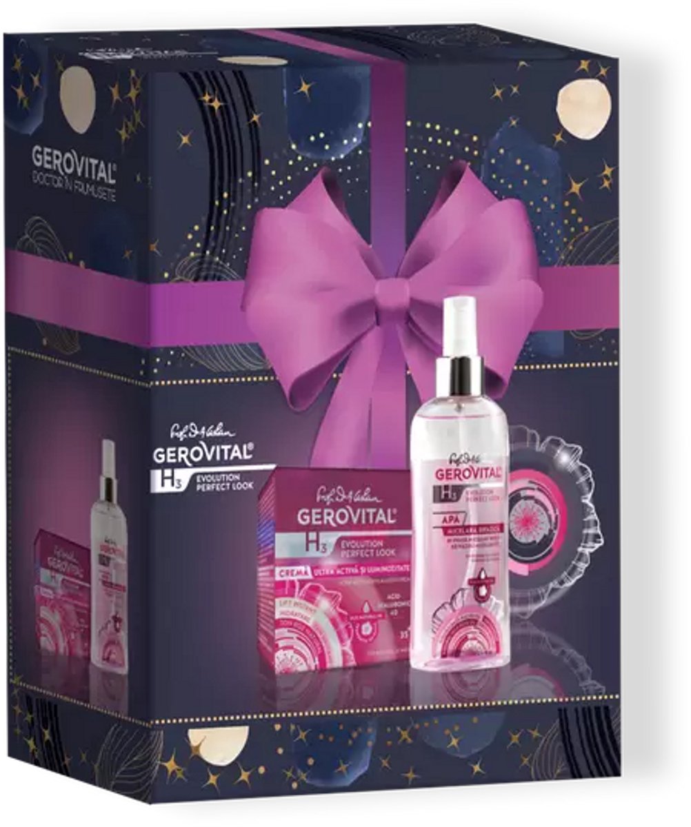 Gerovital GIFTSET Huidverzorging geschenkset - Ultra Active Radiance dagCrème Hyaluronzuur 4D Wilde rozenzaadolie en Biphasic Micellar Water met Hyaluronzuur en Rozenolie