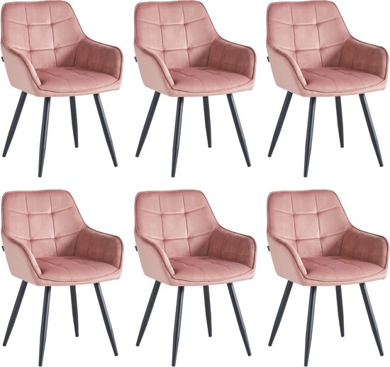 Ensemble de six chaises de salle à manger en velours rose avec pieds noirs.