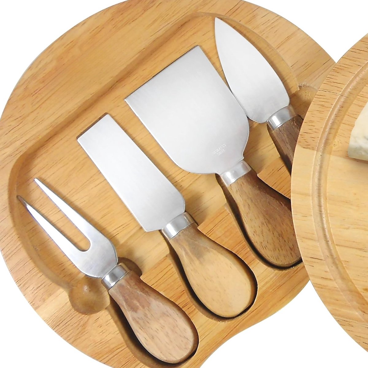 Famanu Ronde kaasplank met 4 messen van roestvrij staal, ideaal cadeau voor vrienden en familie – Natuur bruin