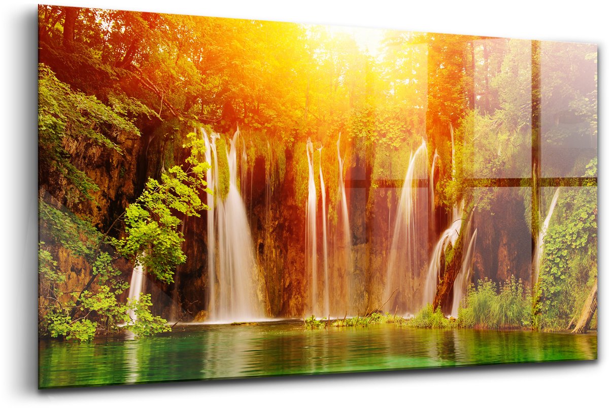 Wallfluent Glasschilderij - Schilderachtig uitzicht op de waterval Foto Schilderij Op Glas - 120x60 cm - Oranje Horizontale muurfoto - Landschap Glas Schilderij - Schilderij Glas - Schilderij Op Glas