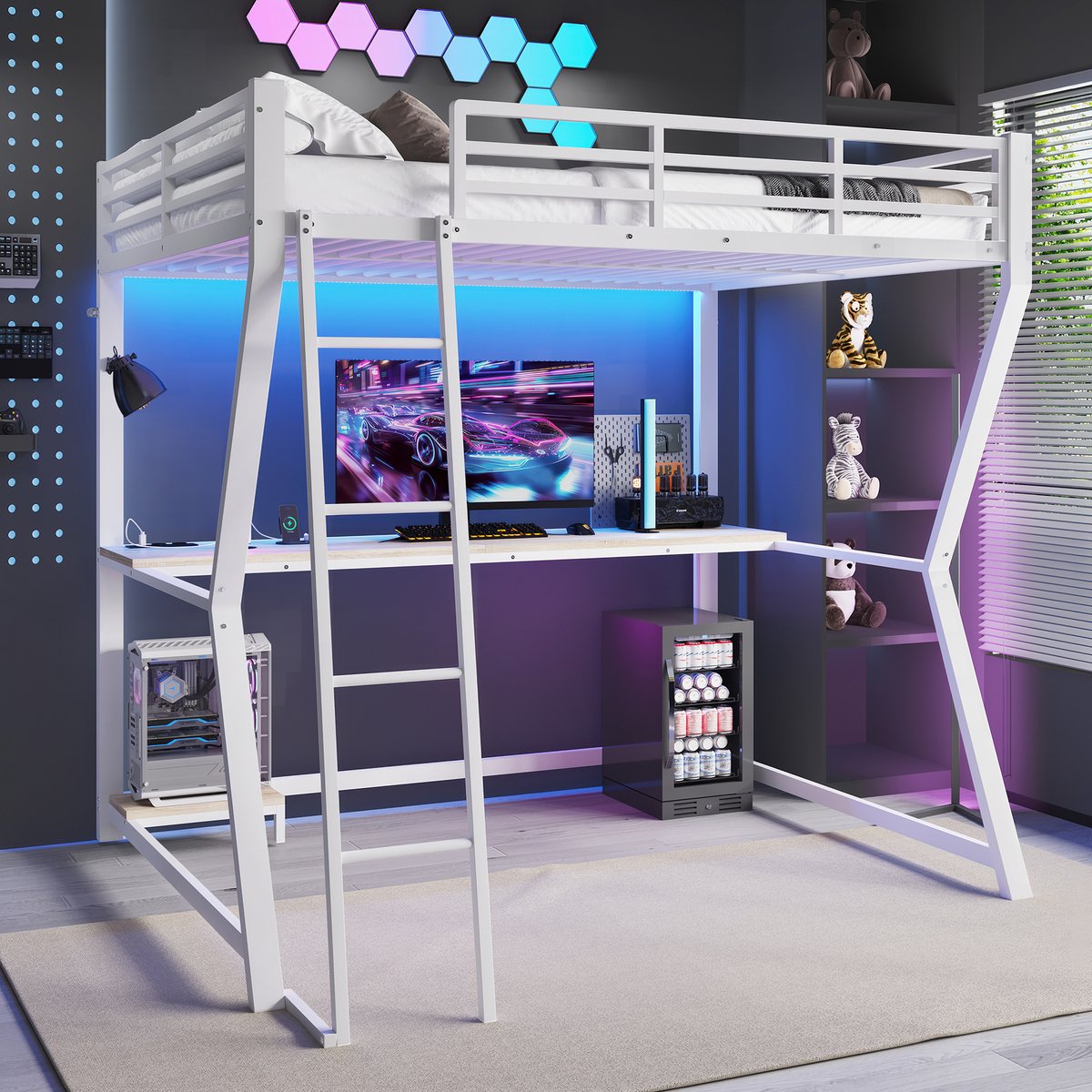 Wishdor Hoogslaper 140x200 cm – Met Bureau, LED & Stopcontact – Inclusief USB – Smart & Strak – Metaal & MDF – Wit