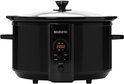 Zwarte Brabantia slowcooker met glazen deksel en digitaal display met timer.