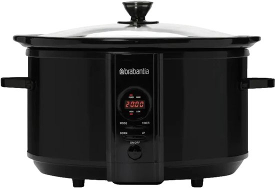 Zwarte Brabantia slowcooker met glazen deksel en digitaal display met timer.