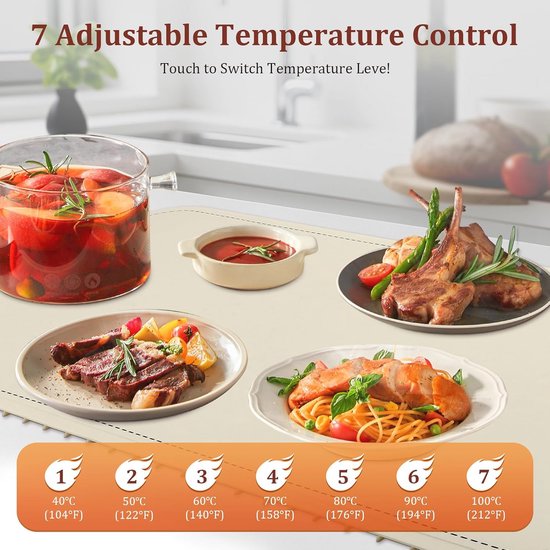 Extra grote warmhoudmat 80 x 38 cm met 7 temperaturen en 1-8 uur timer - draagbare voedselwarmer voor buffet en diners — afbeelding 2
