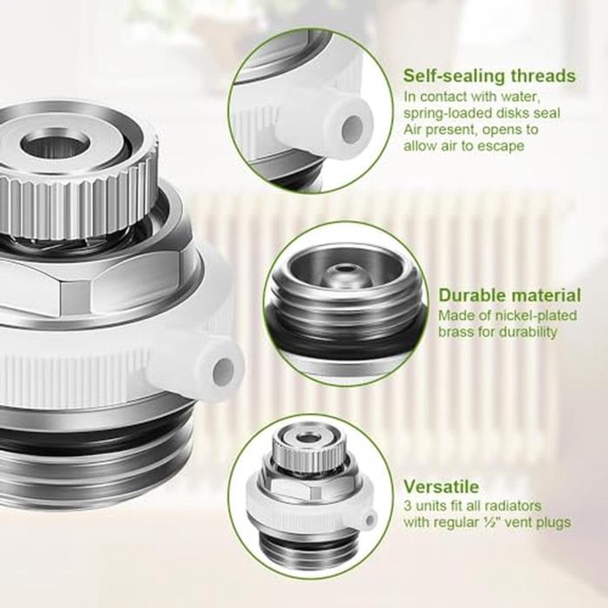 Automatische Ontluchtingsventielen Set - 3 Stuks voor Radiatoren | 1/2 Inch Ventiel, Geluidsarm en Efficiënt Verwarmen