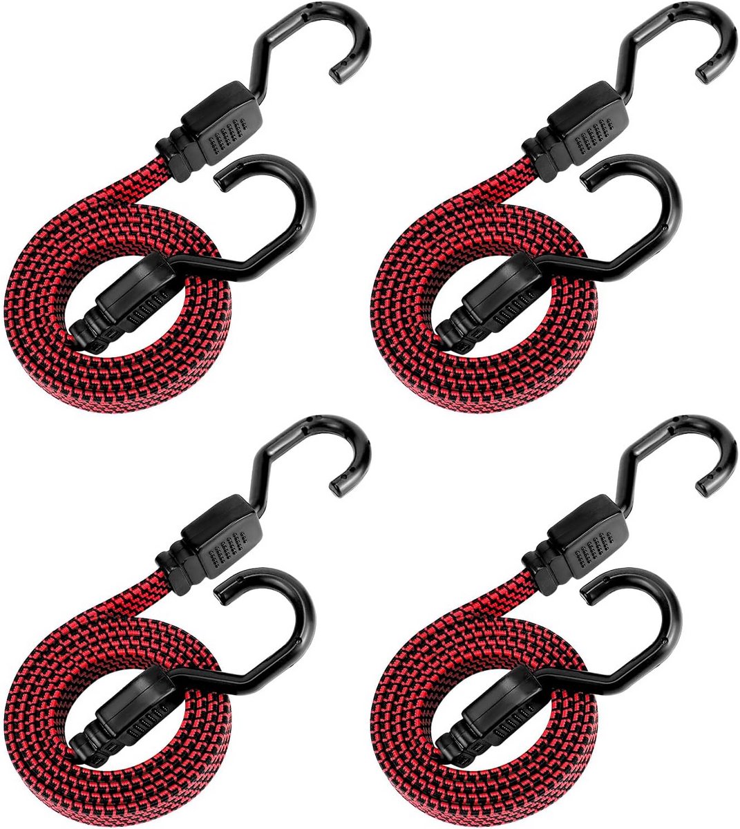 Set van 4 sterke spanrubbers met haken, 110 cm, rekbaar tot 210 cm - Ideaal voor het vastzetten van ladingen, kamperen en fietsen