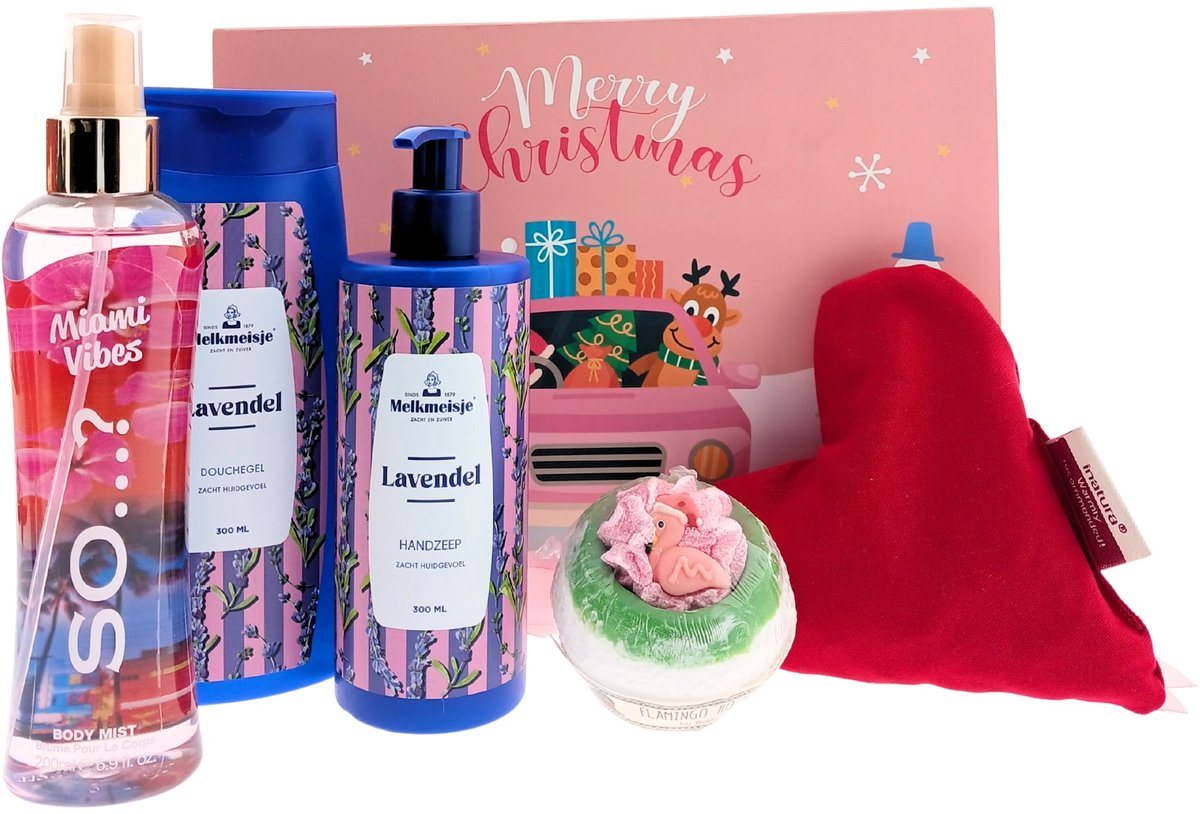 Melkmeisje Kerst Cadeauset Lavendel – 5-delig – Bad & Douche + Handzeep + Body Mist + Bruisbal + Kersenpithart – Cadeau voor haar