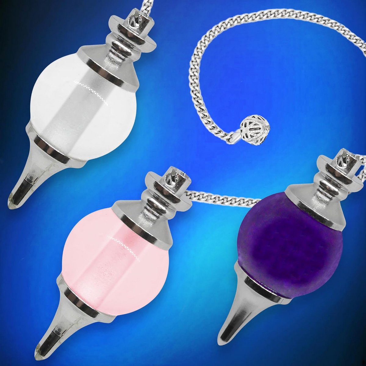 Set van 3 Kristallen Pendels voor Waarzeggerij - Rozenkwarts, Amethist en Bergkristal