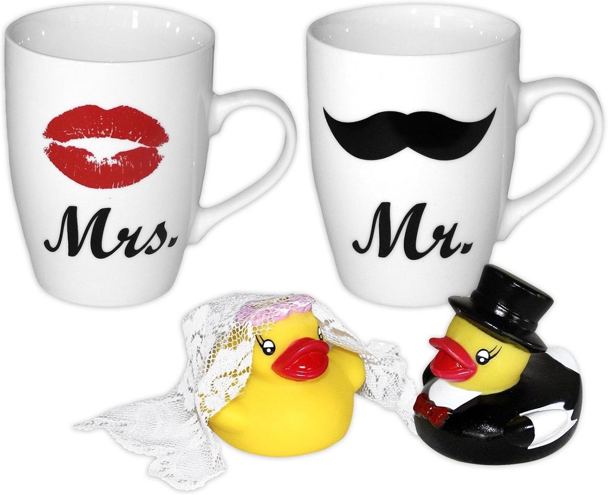 Mr. & Mrs. Mokken set met badeenden - 4-delig geschenk voor bruiloft