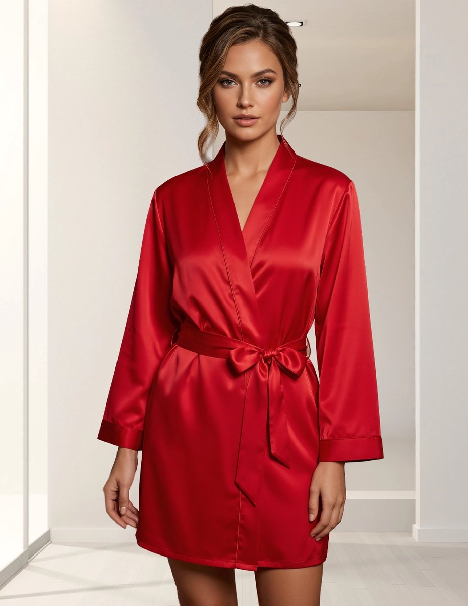 Zijden Dames Kimono Florence - 100% Echte Zijde - Exclusief en Stijlvol - Rood - Maat M/L