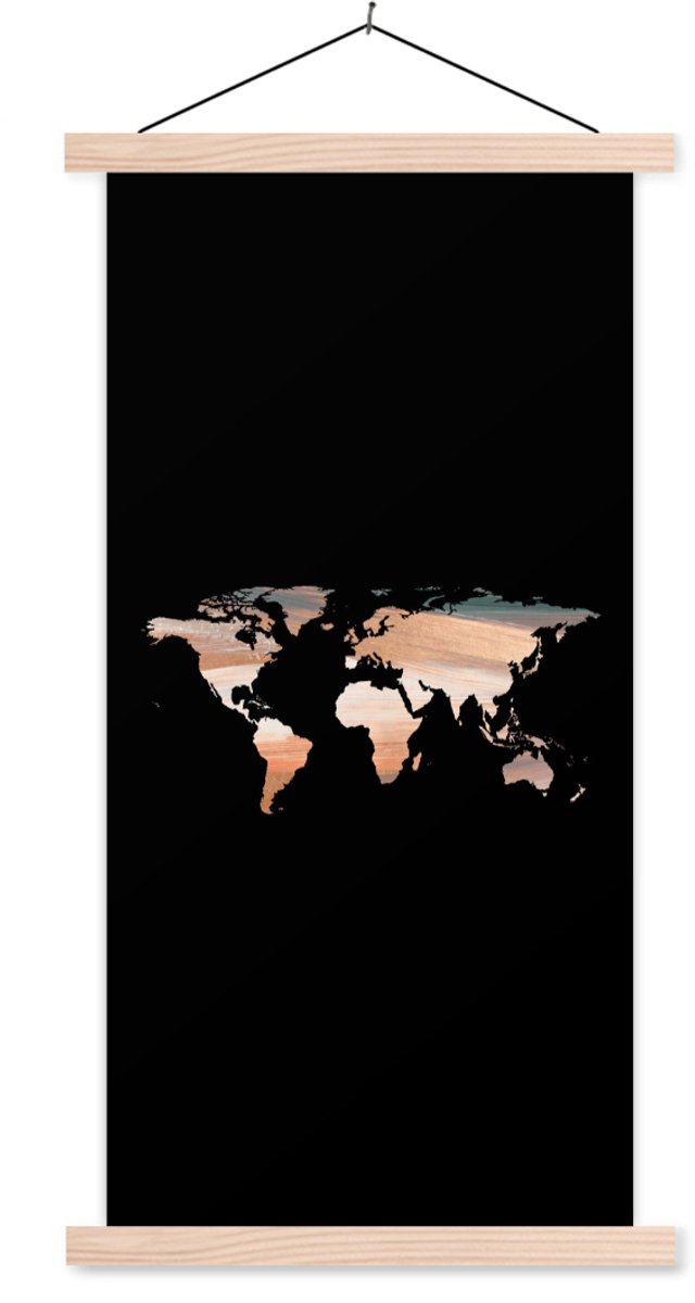 Wanddecoratie - Wereldkaart - Verf - Zwart - Schoolplaat - 90x180 cm - Textielposter - Tex