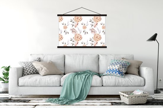 Posterhanger incl. Poster 150x100 cm - Schoolplaat - Rozen - Goud - Bruin - Wit - Textielposter - Zwarte latten
