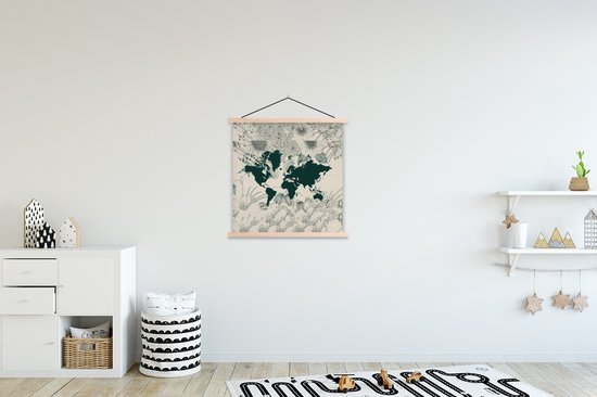Affiche scolaire - Wereldkaart - Fleurs - Plantes - 60x60 cm - Lattes vierges