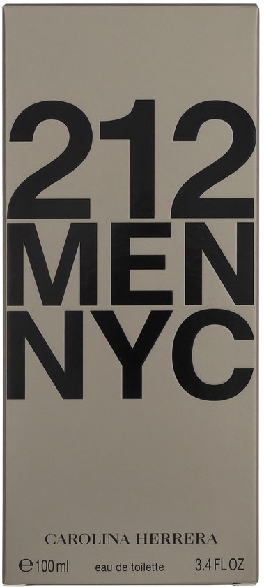 Zilverkleurige doos met '212 MEN NYC' en 'CAROLINA HERRERA'.