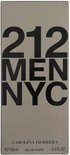 Zilverkleurige doos met '212 MEN NYC' en 'CAROLINA HERRERA'.