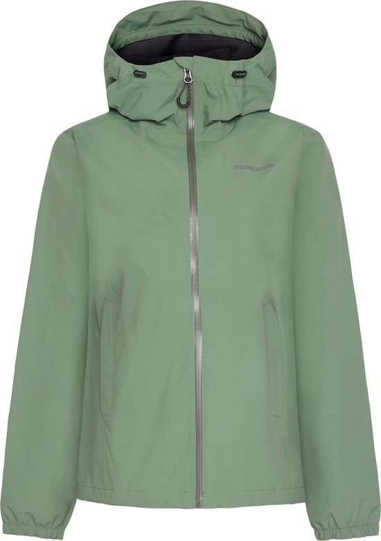 Voorkant van een lichtgroene Didriksons jas met capuchon, rits en logo.