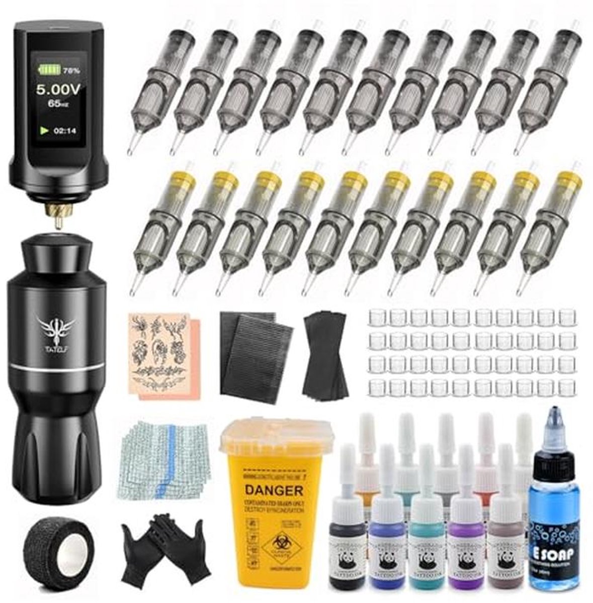 Professionele Draadloze Tattoo Set met Rotary Machine, 1900mAh Batterij en 20 Cartridge Naalden voor Beginners en Ervaren Artiesten