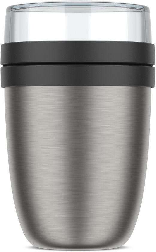 Lunchpot isotherme argenté avec bande noire et couvercle transparent.
