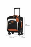 Zwarte handbagage koffer van 35L, 45x35x20 cm, met witte en bruine accenten, lederen handgrepen en TSA-slot.