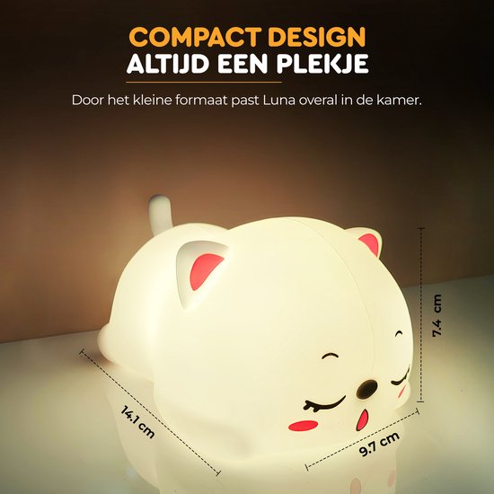 Luna Nachtlampje Kinderen LED - Slapende Kat Nachtlamp - Siliconen Baby Nachtlamp - Touchbediening - Kleurveranderend - Dimbaar - Draadloos - USB-C Oplaadbaar - Luna van Merkloos — afbeelding 5