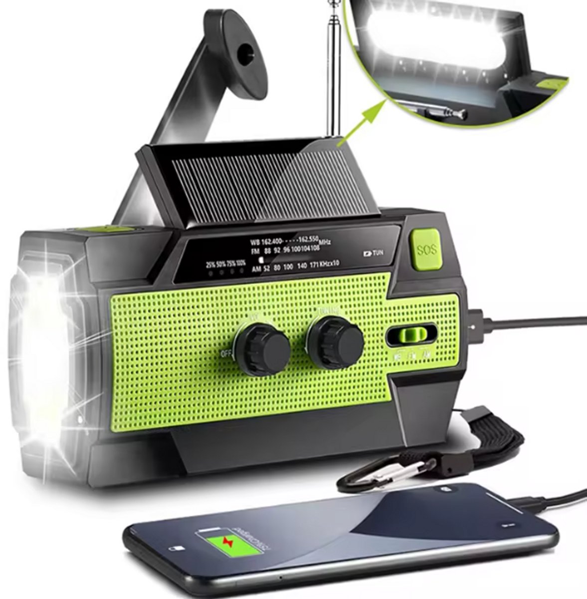 3 in 1 Noodradio-NOODRADIO- Powerbank-4000mah- zaklamp- radio- SOS alarm- solar- telefoon oplader - dynamo radio - solar radio - survival kit- opwindbare radio
