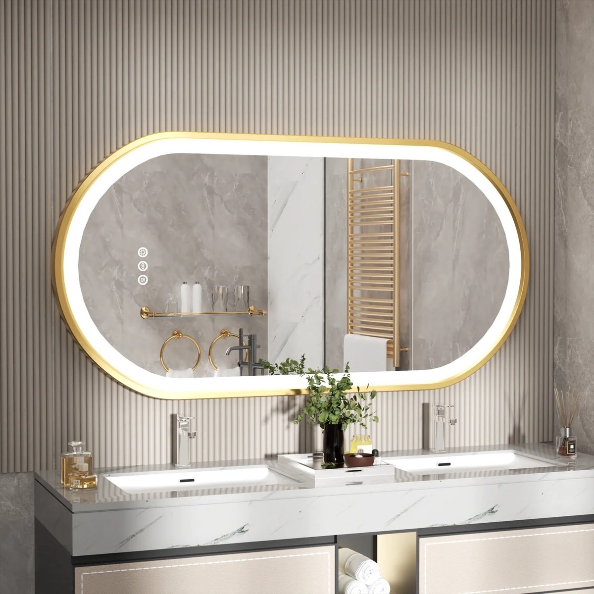 LabelOne Badkamerspiegel - Spiegel met verlichting - gouden rand - ovaal - dimbare LED-verlichting - anticondens - 50 x 100cm