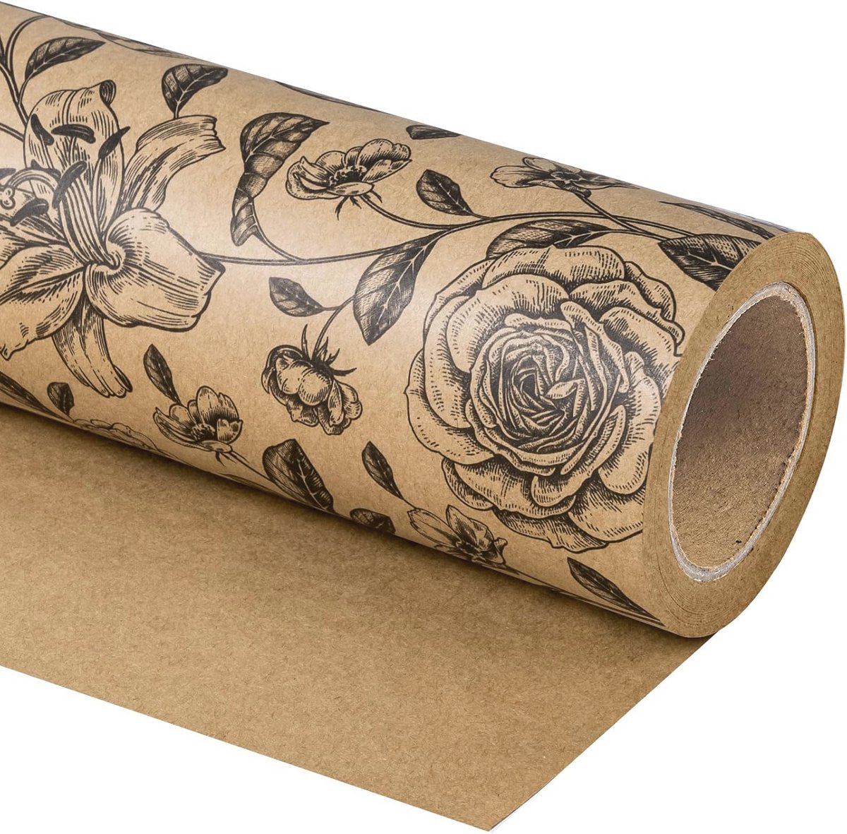 Kraft Inpakpapier Mini Rol - 47 cm x 70 cm - Vintage Zwart Bloemenontwerp voor Feestjes en Geschenken