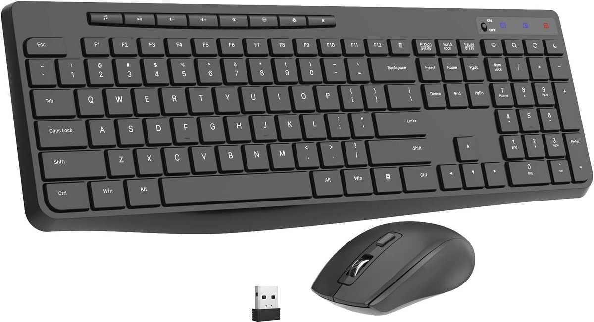 Draadloos Ergonomisch Toetsenbord en Muis Combinatie - Stille Klik, 12 Sneltoetsen, USB Verbinding voor Laptop en PC
