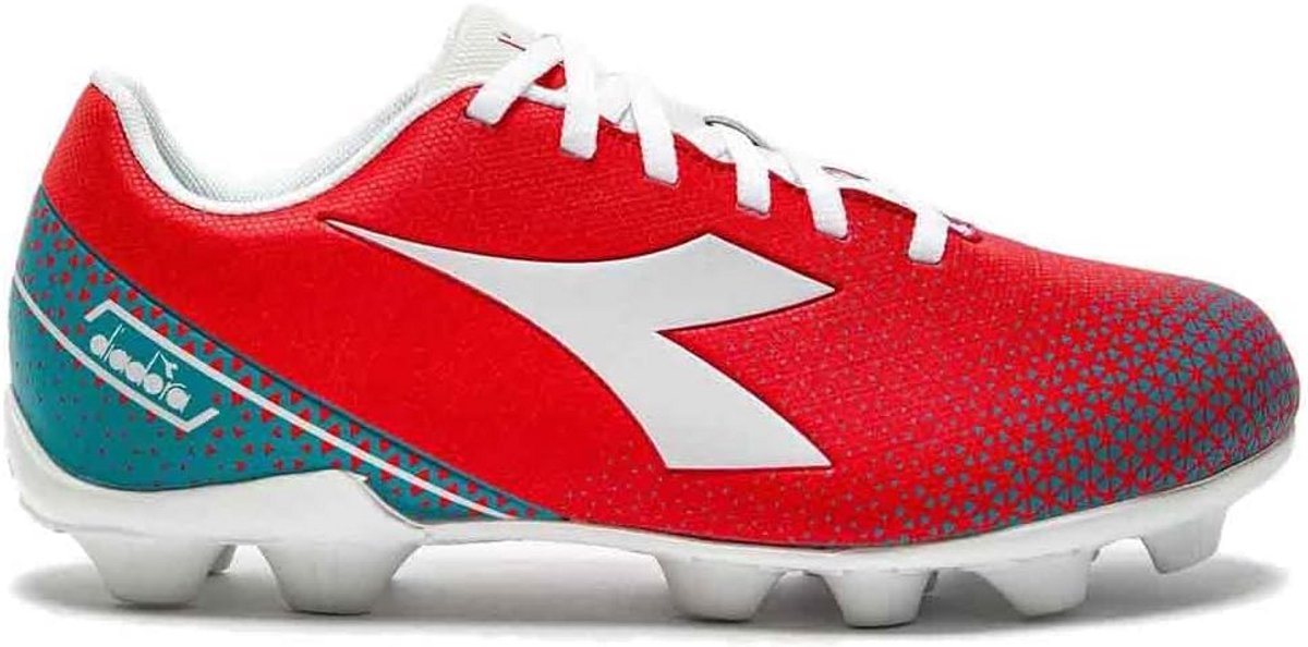 Rode voetbalschoenen voor jongens met witte en turquoise accenten, gemaakt van waterbestendig materiaal en met anti-stretc...