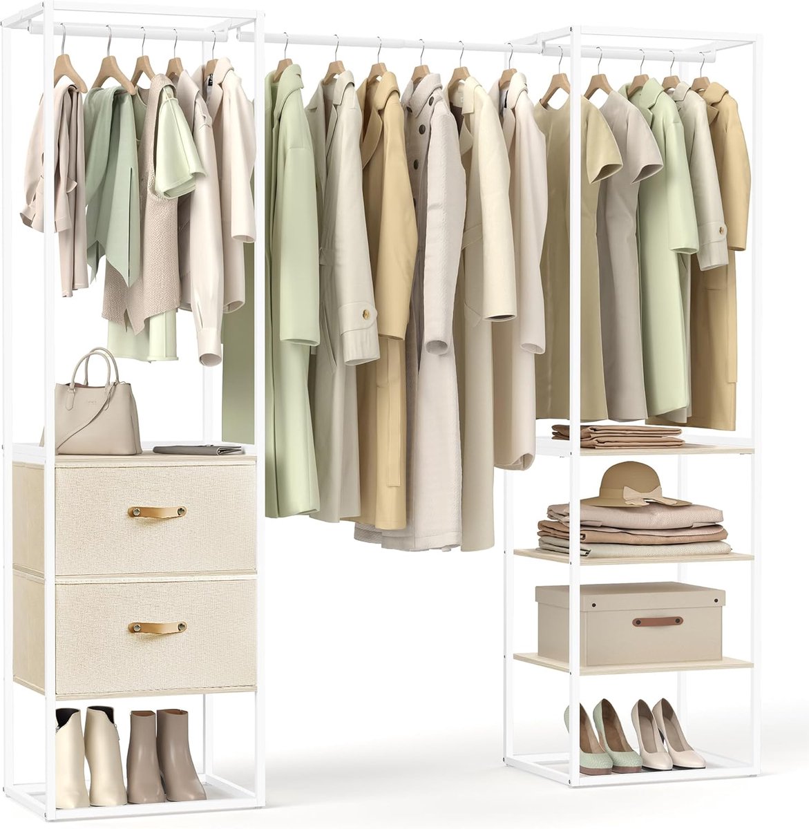 SONGMICS Kledingrek, open kledingkast, garderobestandaard, zeer belastbaar, 1 uittrekbare stang, 2 laden, 4 planken, voor slaapkamer, ruimtebesparend, natuurlijk beige