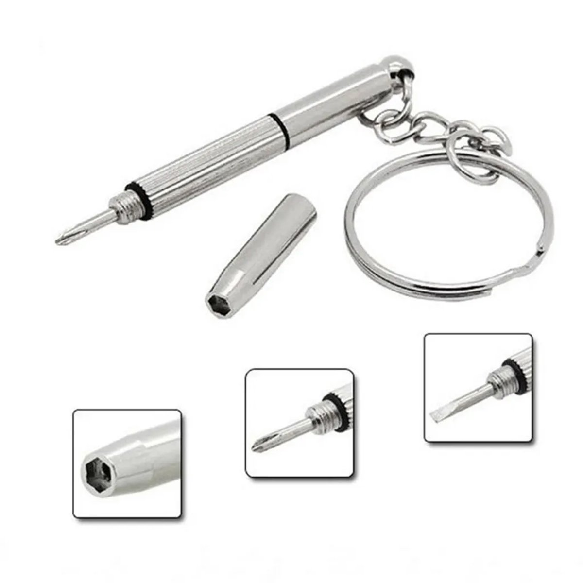 3-in-1 mini-reparatieset voor zonnebrillen, brillen, telefoons en horloges, inclusief sleutelhanger, schroevendraaier en ander gereedschap.
