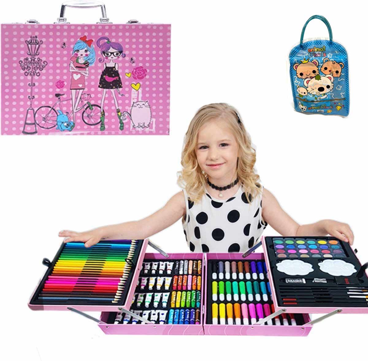 Tekenkoffer Set-Tekenset-Art Tekendoos-Kleurkoffer voor kinderen-knutselpakketten-schilderskoffer-200-Delige Tekenpakketten/ Schilderset -ROZE Meisje-Aquarel-Verf,Krijt,Stiften,Waskrijt,Oliepastels,Kleurpotloden en Toebeho+ potlood- en gumset