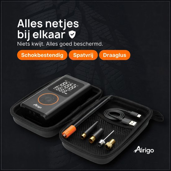 Airigo® Luchtcompressor - Elektrische Fietspomp - Bandenpomp - Compact & Draadloos - Auto-stop & 5 Presets - Helder Display - USB-C Opladen - Powerbankfunctie - LED-Licht - Harde Beschermhoes - Precies Oppompen - voor Auto/Fiets/Motor/Ballen van Airigo — afbeelding 5