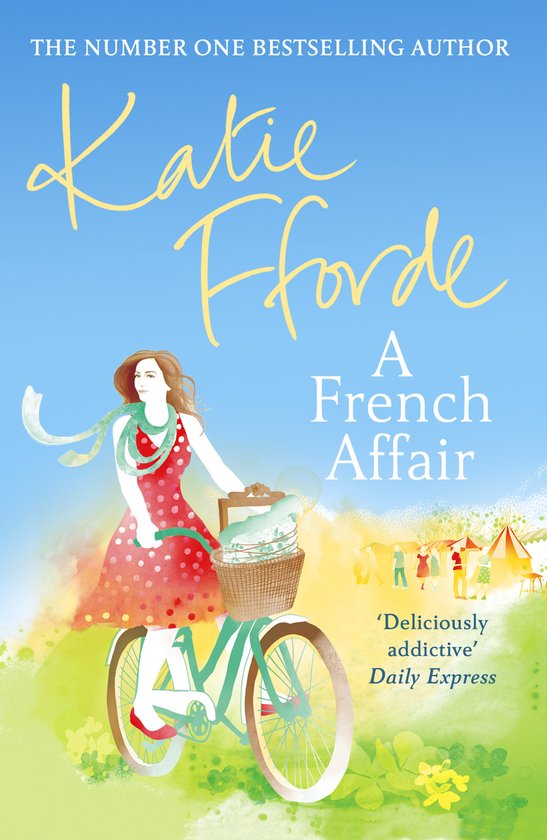 Boekcover van "A French Affair" met een vrouw op een fiets, kleding in rood en witte polka dots.