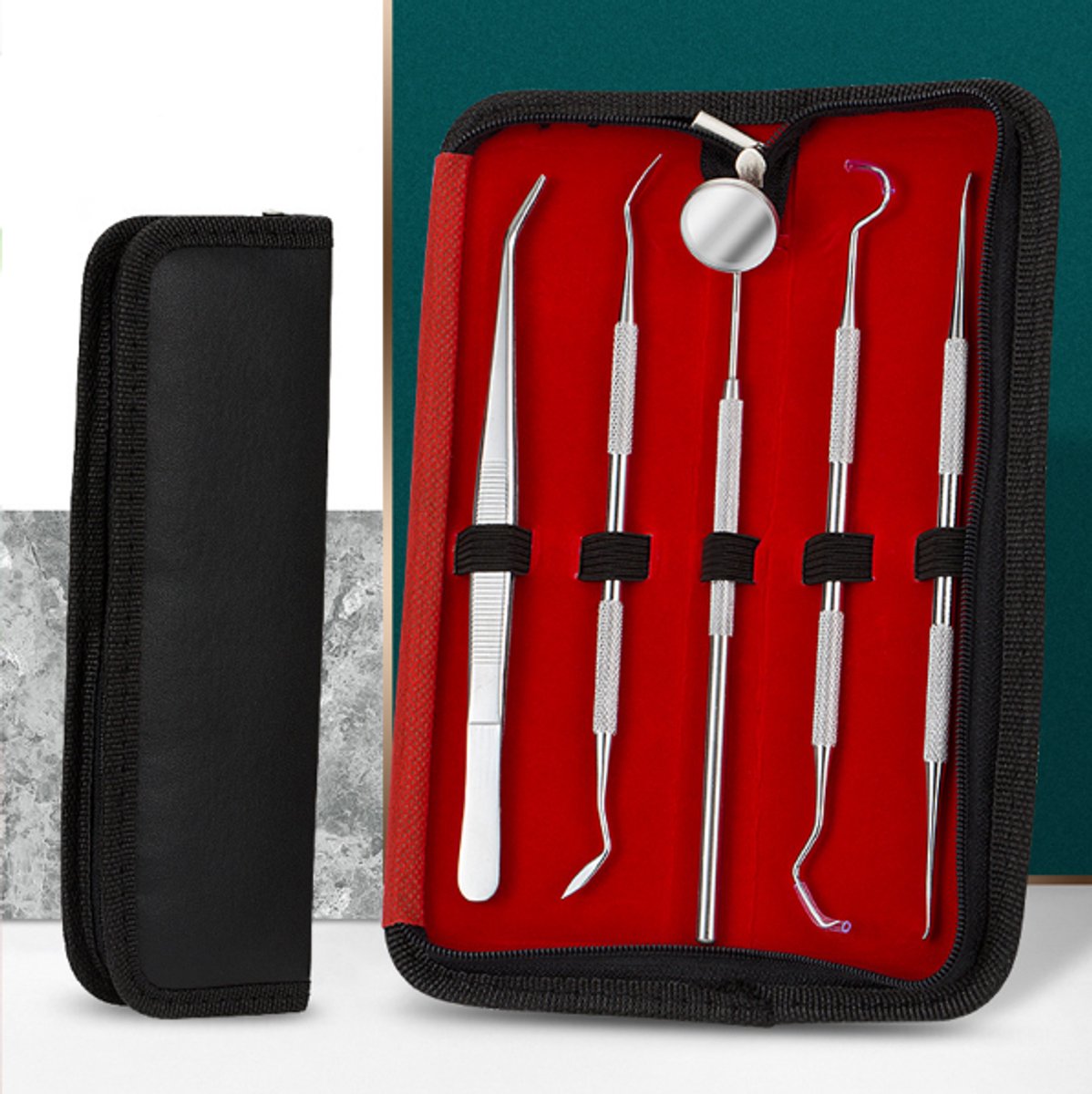 Zwarte (rode voering) 5-delige set voor gebitsverzorging, inclusief tandplakverwijderaar, tandheelkundige instrumenten, reinigingsgereedschap voor tanden, tandheelkundige sondes, roestvrijstalen constructie en wordt geleverd met een draagtas.