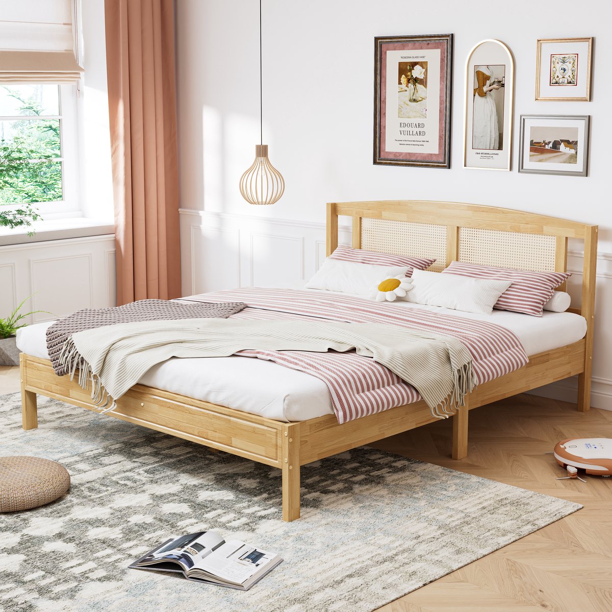 Tweepersoonsbed 160x200 cm - rieten bed - rieten kussen - met lattenbodem en middenpoot - houtkleur - zonder matras