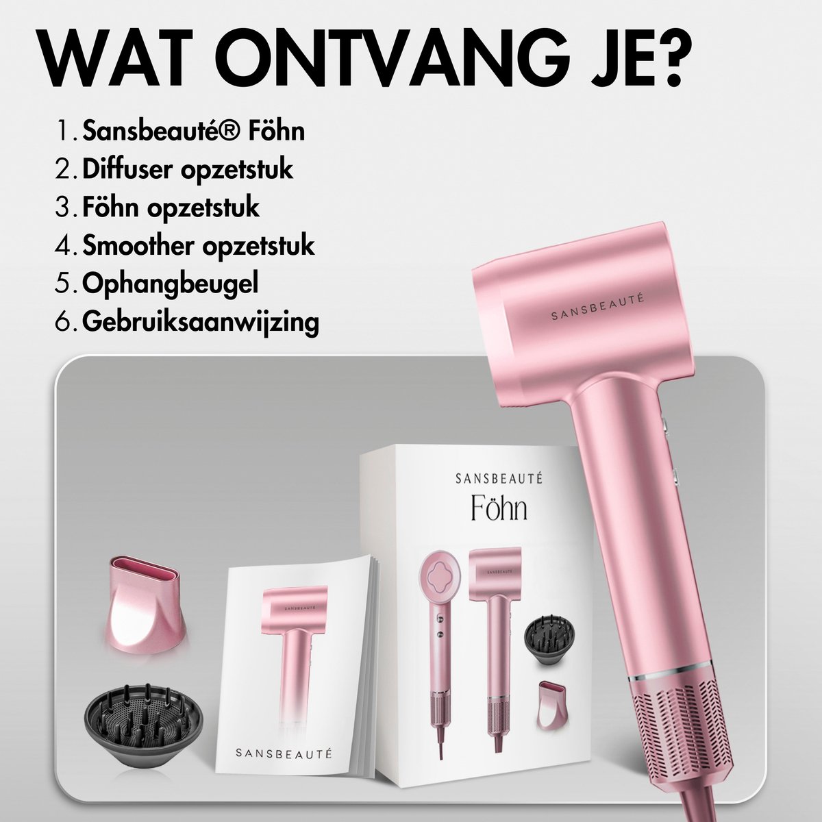Sansbeauté® Föhn met Diffuser - Krullen - 110.000RPM - Ionische Haardroger met Borstel - 3 Standen - 3 Opzetstukken - Reisföhn - Sèche Cheveux - Krul Feun Set - Haarföhn met Defuser - Hair Blow Dryer - Kappersfohn - 2000W thumbnail 3