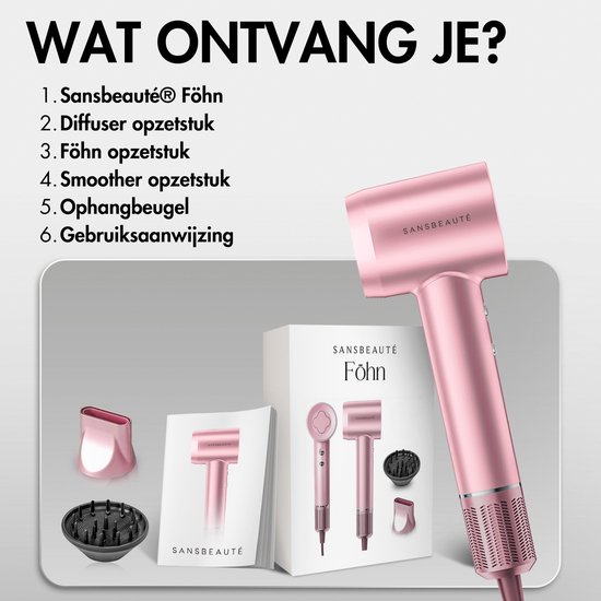 Sansbeauté® Föhn met Diffuser - Krullen - 110.000RPM - Ionische Haardroger met Borstel - 3 Standen - 3 Opzetstukken - Reisföhn - Sèche Cheveux - Krul Feun Set - Haarföhn met Defuser - Hair Blow Dryer - Kappersfohn - 2000W