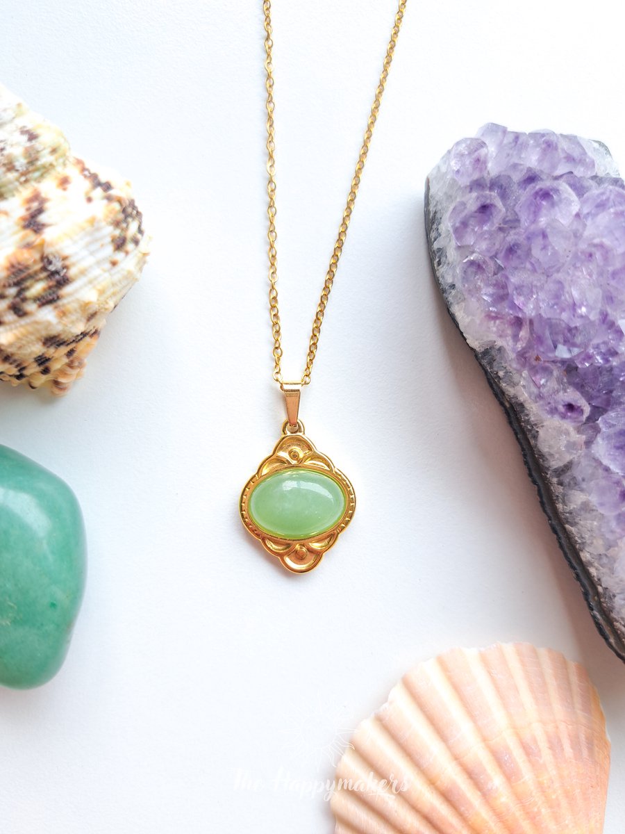 Edelsteen ketting bedel, aventurijn, waterproof, boho, stainless steel, handgemaakt, cadeau met betekenis, persoonlijke groei