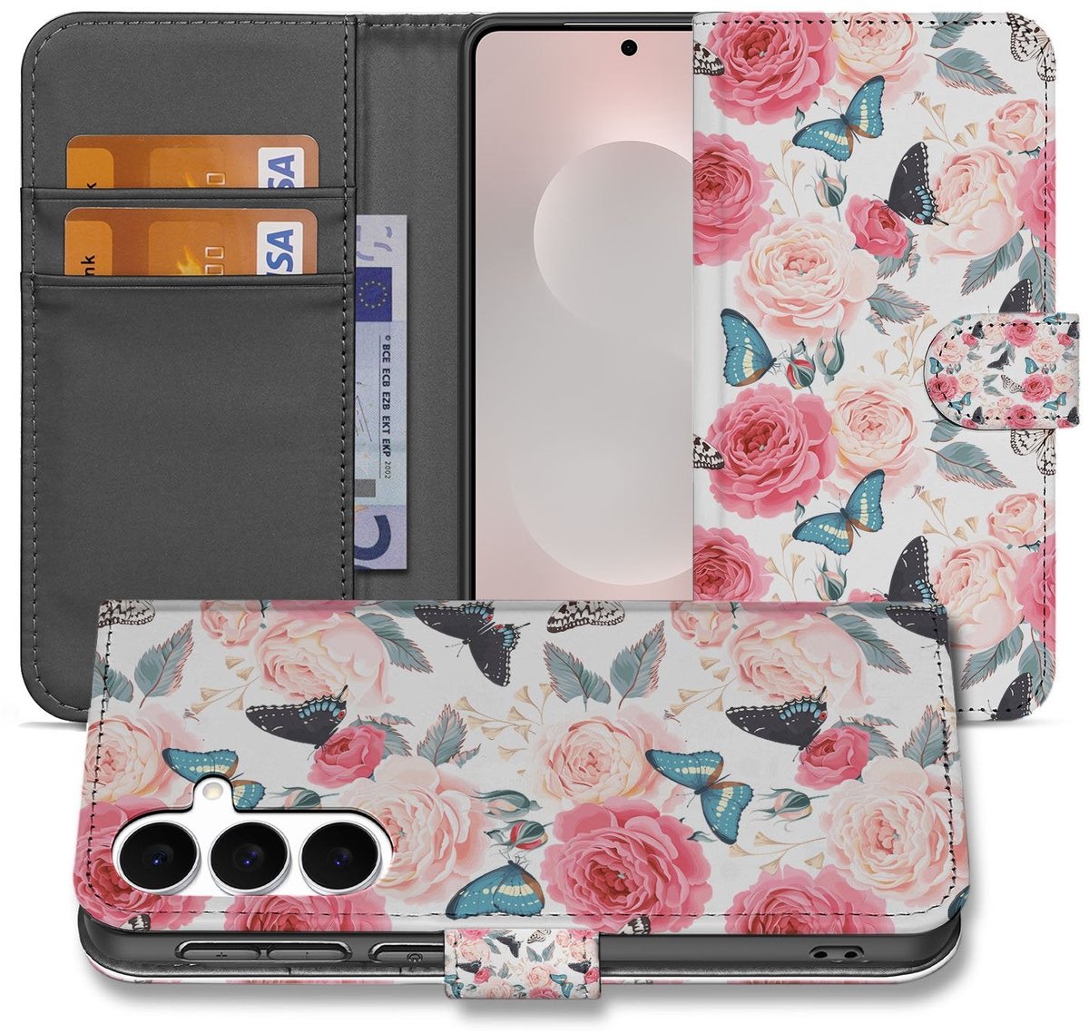 Samsung Galaxy S25 FE Bookcase Hoesje Roze Butterfly Roses Met Pasjes