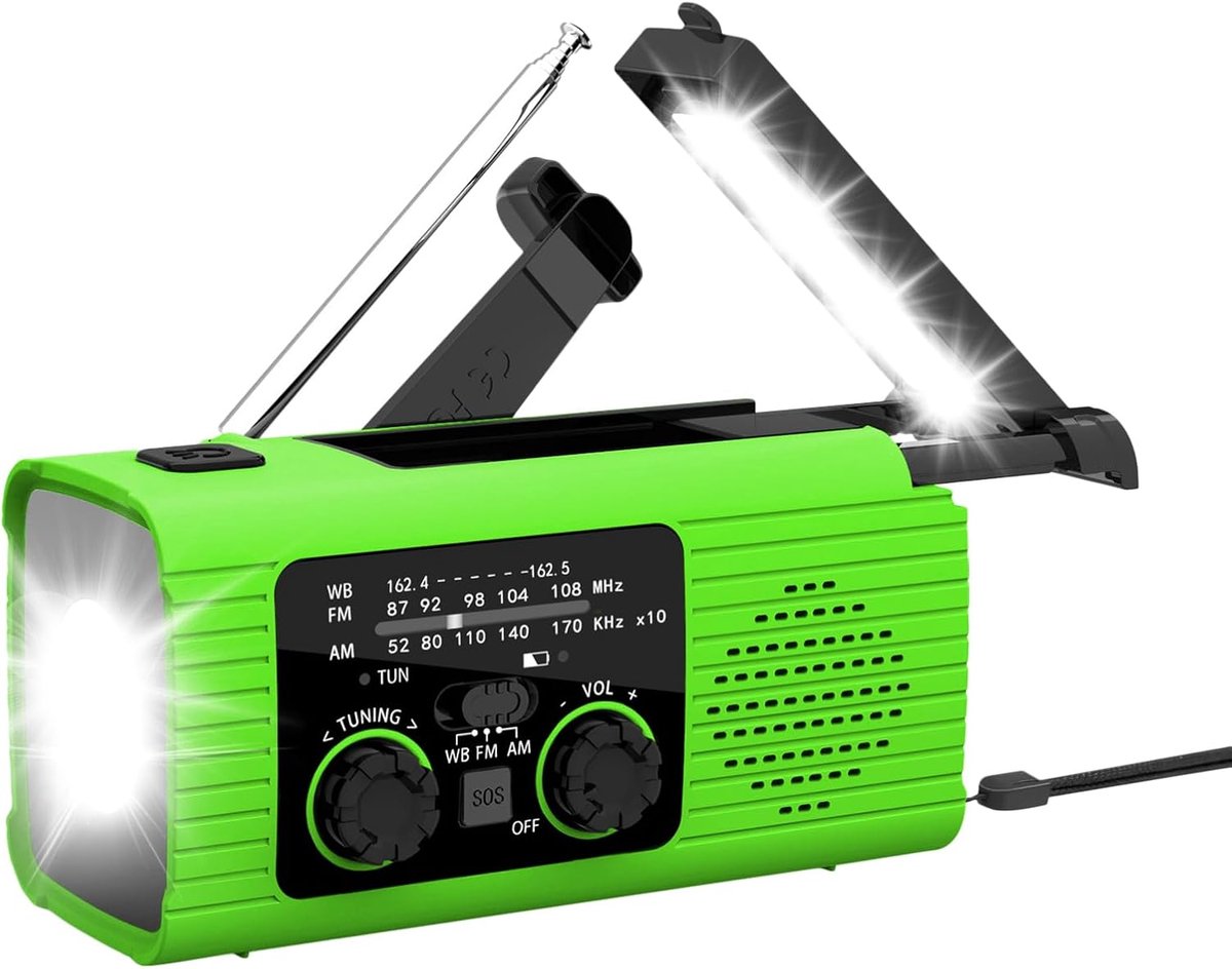 Handbediende weerradio, draagbare zonne-radio, AM/FM/NOAA handbediende radio met batterijen, 3-voudige oplaadbare LED-overlevingszaklamp voor thuis en op de camping