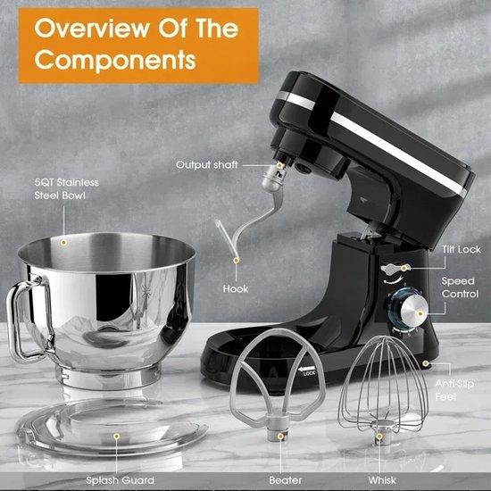 ACEP Elecktrische keukenmixer - 4.5 L - Keukenmachine - Zwart - Keukenrobot - 1000W - Keukenmixer met mengkom - RVS - 8 Snelheden van Merkloos — afbeelding 4